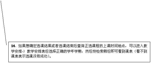 线形标注 2: 14、如果想确定选课结果或者选课结束后查询正选课程的上课时间地点，可以进入教学安排-〉教学安排表后选择正确的学年学期，然后按检索稍后即可看到课表（看不到课表表示选课没有成功）。